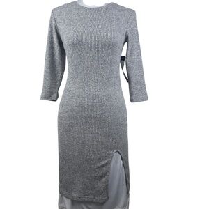 FEATHERS Women Juniors Sz M Gray Knit Bodycon Front lower slit 3/4 sleeve NWT